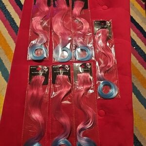 NIP Lot 7 Faux Curled Hair Extension Clip Halloween Costume Blue & Pink